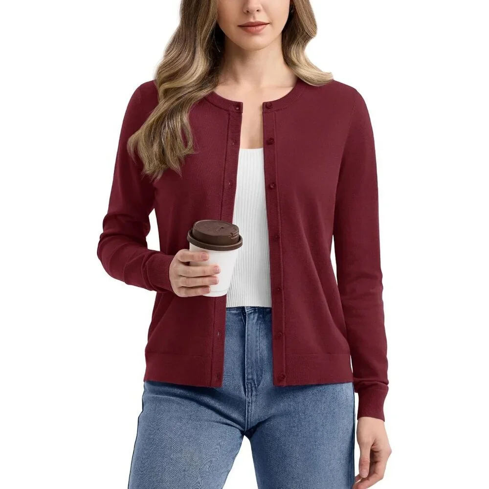 Women's Lightweight Knit Cardigan Button Down Crew Neck Long Sleeve Casual